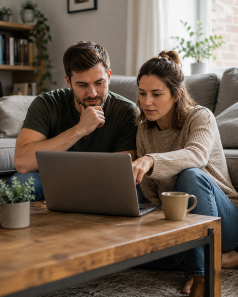 A couple looking at remortgage options together at home