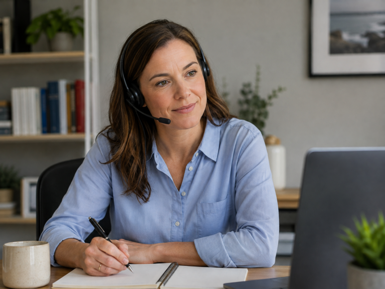An adviser taking a client call at her desk