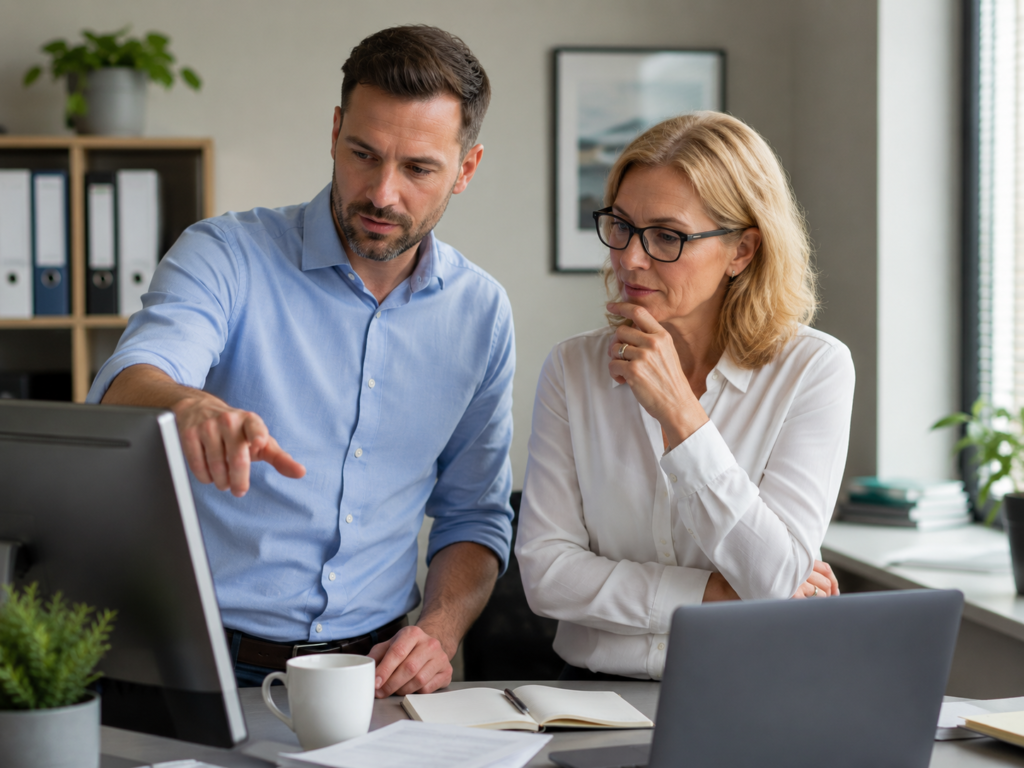 Two advisers comparing lender research on a screen