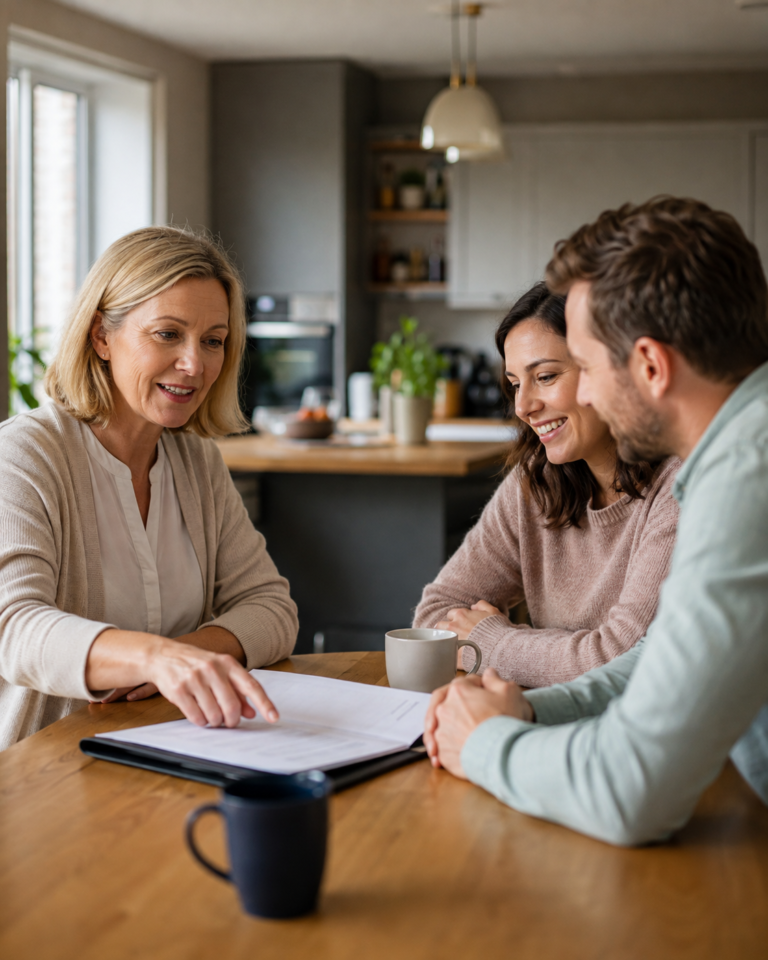 An adviser going through paperwork with clients at a table