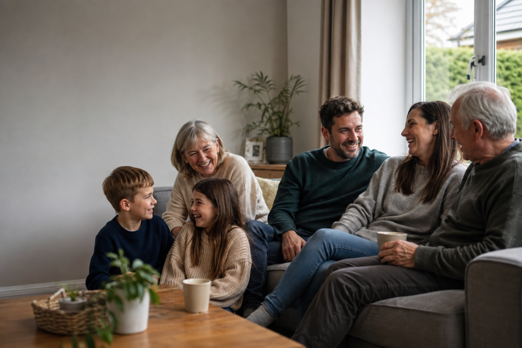 Three generations of a family together in a living room