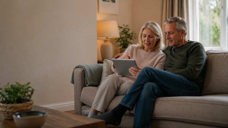 A couple reviewing documents together at home