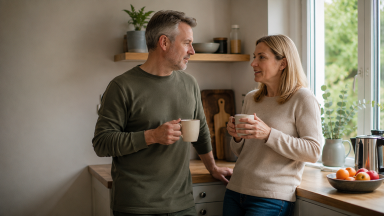 A couple talking together in their kitchen