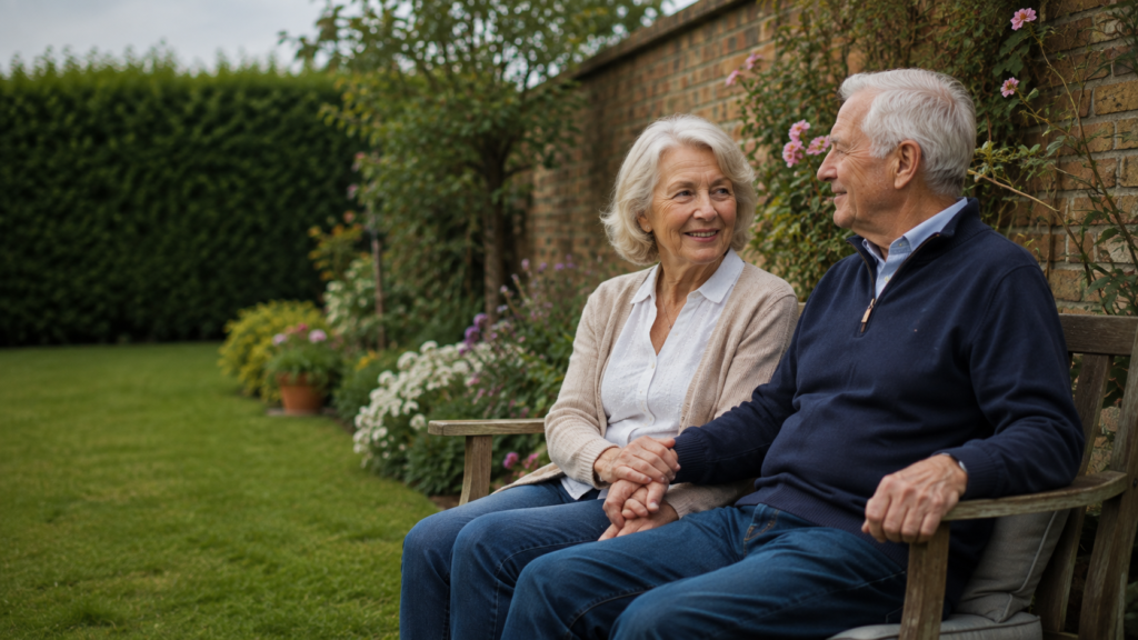 A couple sitting together in their garden