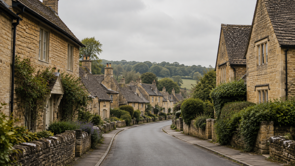 A Cotswold village street lined with honey coloured stone houses