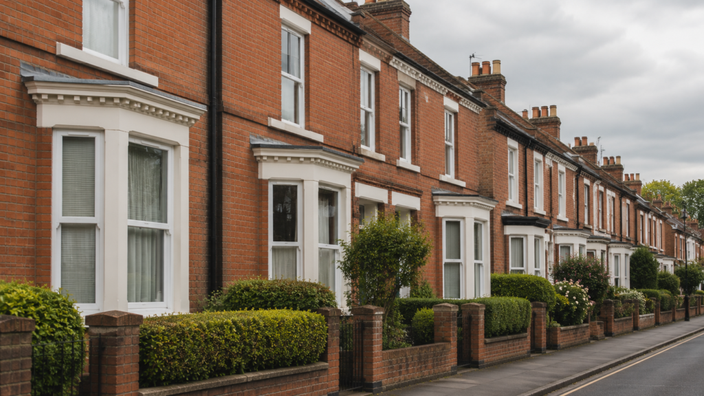 A row of red brick Victorian terraced houses