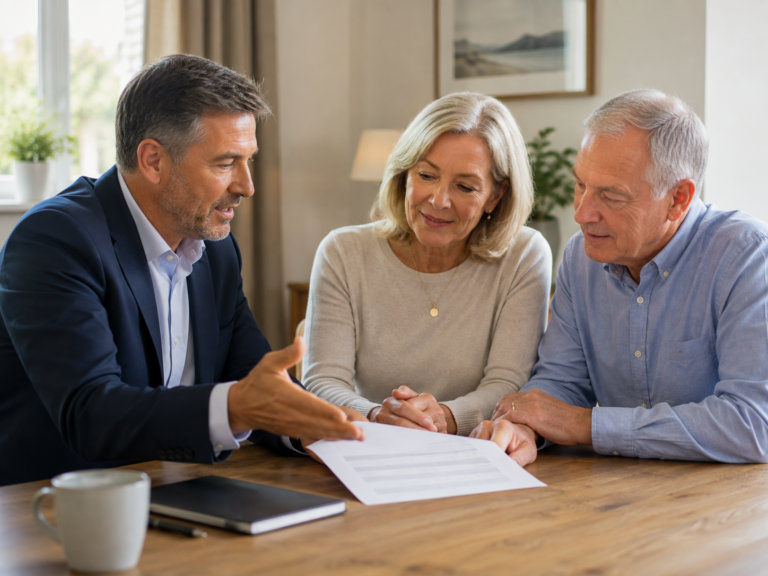 An adviser talking a couple through a written recommendation