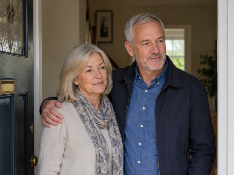 A couple outside their new home after completion