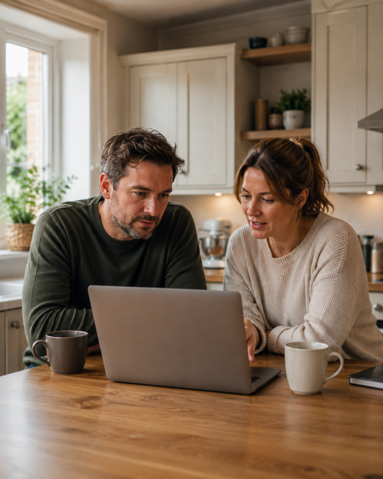 A couple reviewing mortgage options on a laptop in their kitchen