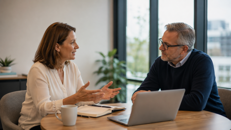 An adviser talking a client through options at a table